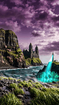 AI generated video: A vast coastal area under a bruised violet sky, featuring black volcanic cliffs…