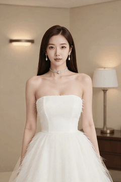 AI generated video: A woman in a wedding dress slowly walks towards the camera, The wall light in…