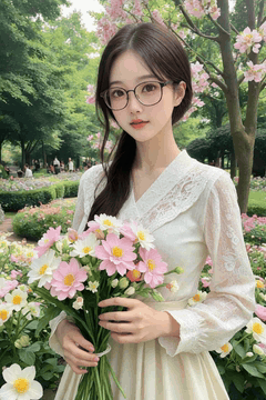 AI generated video: A young woman holding a bouquet of flowers, Her hair and collar were shaken by…