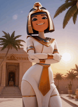 AI generated video: A confident, dark-skinned woman styled as a cinematic 3D Egyptian noblewoman…