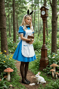 Видео, сгенерированное нейросетью: A girl in cosplay stands on a forest path, a grandfather clock ticks beside…