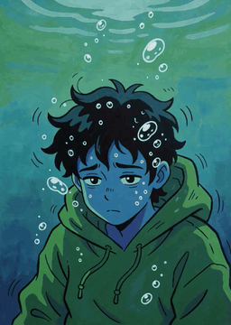 AI generated video: Painting of a melancholic underwater figure, rendered in a stylized cartoonish…