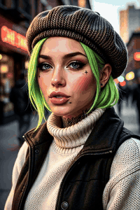 AI generated video: woman, hipster, wool beret, sweater, neon green hair, vest, tattoos, highly…