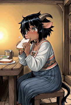 Видео, сгенерированное нейросетью: integrated_multimodal_description: A cute demon girl on <Picture 1> is eating a…