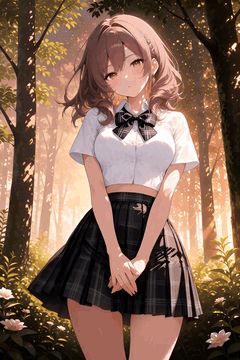 AI generated video: Anime woman with wavy brown hair in a white crop top and a black-grey plaid…