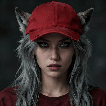 AI generated video: The woman with wolf ears looks directly into the camera lens. Her tightly…
