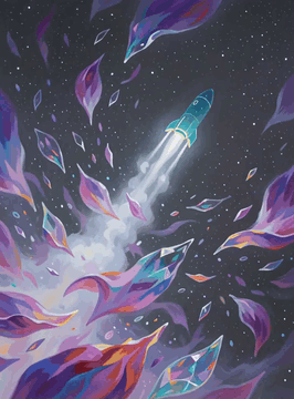 Видео, сгенерированное нейросетью: Painting of a surreal cosmic scene where a glowing teal rocket ship streaks…