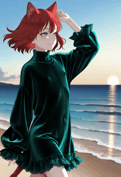 AI generated video: sun,beach,ocean,solo,1boy,flat chest,skinny,catboy,red tail,red cat ears,bob…