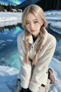 AI generated video: A young woman with blond braids is sitting on the shores of an icy lake, An…
