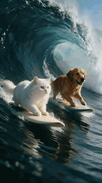 AI generated video: Create a realistic 5-second video of a dog and a cat surfing together on a…