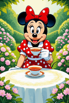 AI generated video: Minnie Mouse posing at a garden tea table in a classic red polka-dot dress…
