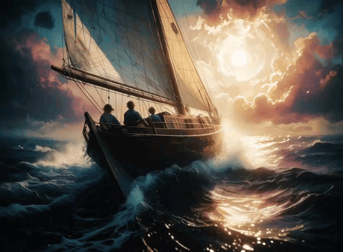 AI generated video: The boat sails on choppy water. The sound of the waves slapping against the…