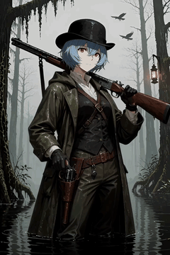 AI generated video: Anime digital illustration of Rei Ayanami as a Hunt: Showdown 1896 hunter in a…