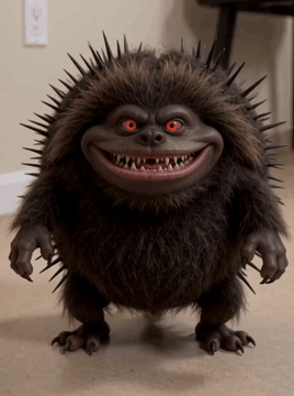 AI generated video: A small alien creature about two feet tall, with a round, squat, barrel-shaped…