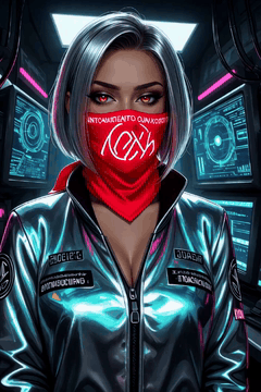AI generated video: data saboteur, reflective jacket tagged with anti-corporate glyphs, glowing red…