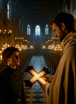 AI generated video: Medium shot in a grand cathedral lit by a thousand candles, looking down a…