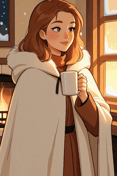 AI生成视频：Anna seated beside a fireplace with a mug in hand, freckles lit by firelight…