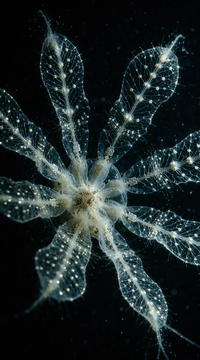 AI generated video: 10-second continuous shot. A strange translucent abyssal organism drifts slowly…