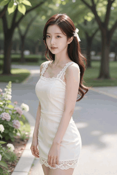 AI generated video: A young woman is standing on the side of the park, and the leaves around, Her…
