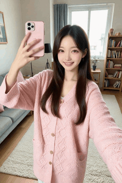 AI generated video: A young woman wearing a pink cardigan taking a selfie with her long hair…