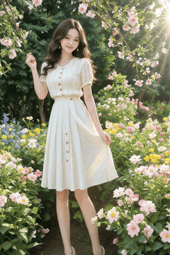 AI generated video: the woman in the flower garden lifts her skirt slightly and smiles, The…