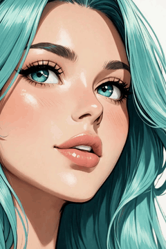 AI generated video: woman face closeup, aqua hair, , Premium quality, Lavishly depicted…