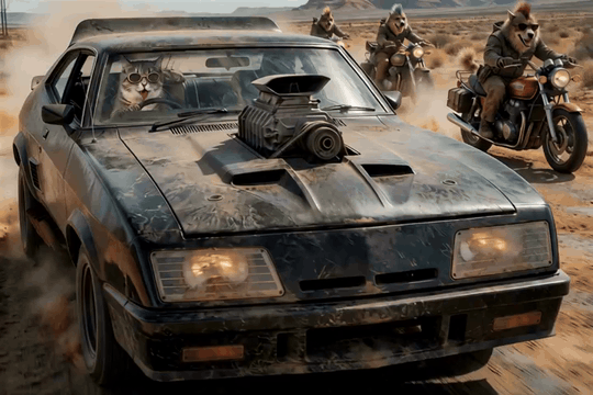 AI generated video: v8_interceptor, rigcat, a realistic front view photo of a black automobile…