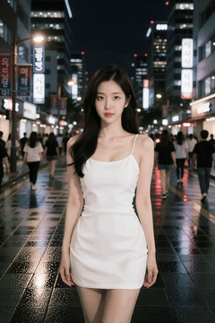 AI generated video: A woman in a white mini dress is walking on the streets of the city center, The…