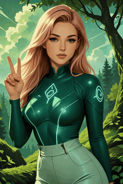 AI generated video: woman upper body, alternate hair color, hand v sign, interested, , wearing…