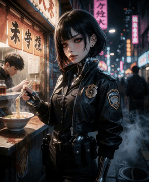 AI generated video: Picture 1 shows the first frame. A neon city street and a ramen stall with a…
