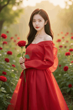AI generated video: A woman in a red dress is standing in a rose garden, and the rose petals…