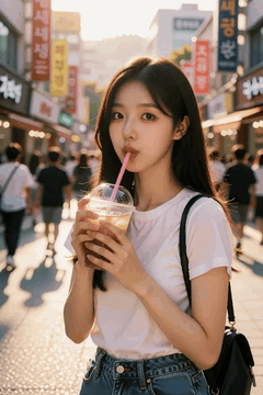 AI generated video: A young woman sips iced tea on the street, her long hair is blowing in the…