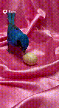 AI generated video: Tela de raso rosa arrugada. Sobre ella. Un pequeño pajaro azul pica con fuerza…