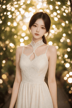 AI generated video: A young woman in a white dress leaning gently, The street light in the…