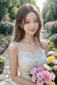 AI generated video: A woman stands on a flower garden path smiling, her long hair swaying in the…