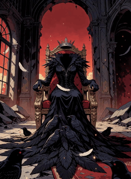 AI generated video: a stylized illustration, based on the reference image, a faceless dark queen…