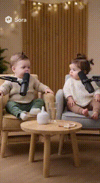 AI generated video: 2 babies doing a podcast complaining about life, realistic and well put…