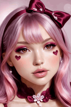 AI generated video: woman face closeup, Girly bows or ribbons, Burgundy Smoky Eye, Full-bodied…