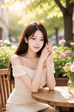 AI generated video: A woman in a cream colored dress sits and smiles, The long hair flutters in the…