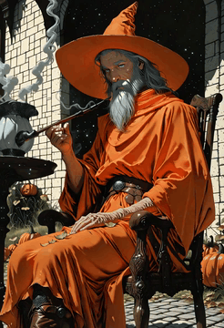 AI generated video: A Gandalf-like old wizard with a long grey beard, long grey hair, and piercing…