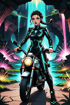 AI generated video: middle shot, A woman in a high-saturation checkerboard suit with emerald…