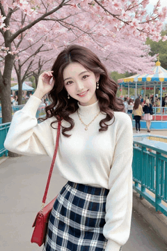 AI generated video: A young woman fixes her head and smiles, The cherry blossoms are blowing in the…
