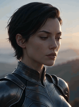AI generated video: Cinematic slow-motion close-up. The character subtly shifts her gaze toward the…