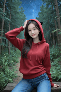 AI generated video: A woman wearing a red hoodie sat on a wooden bench and touched her head, The…