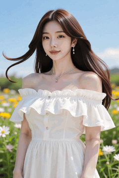 AI generated video: A woman standing in a field of flowers smiles softly, her long hair is blowing…