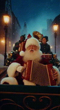 AI generated video: Santa and his sleigh going down an old street lit by gas street lamps…