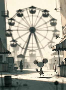 AI generated video: static mouse with slowly rotating attraction. in 5 second cabins move just to…