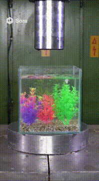 AI generated video: Hydraulic press crushing fish aquarium