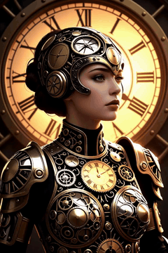 AI generated video: Mid-view, a woman in steampunk armor welded from clock parts, cogs orbiting her…