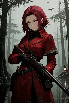 AI generated video: Anime digital illustration of Kallen Stadtfeld as a Hunt: Showdown 1896 hunter…